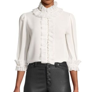 Alice + Olivia White Puff Sleeve Ruffled Blouse